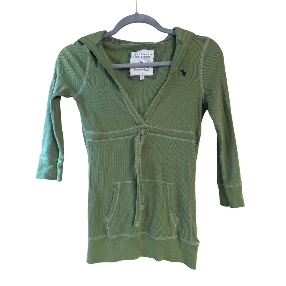 Abercrombie & Fitch Green Ribbed V-Neck Hoodie 3/4 Sleeve Y2K Vintage Medium